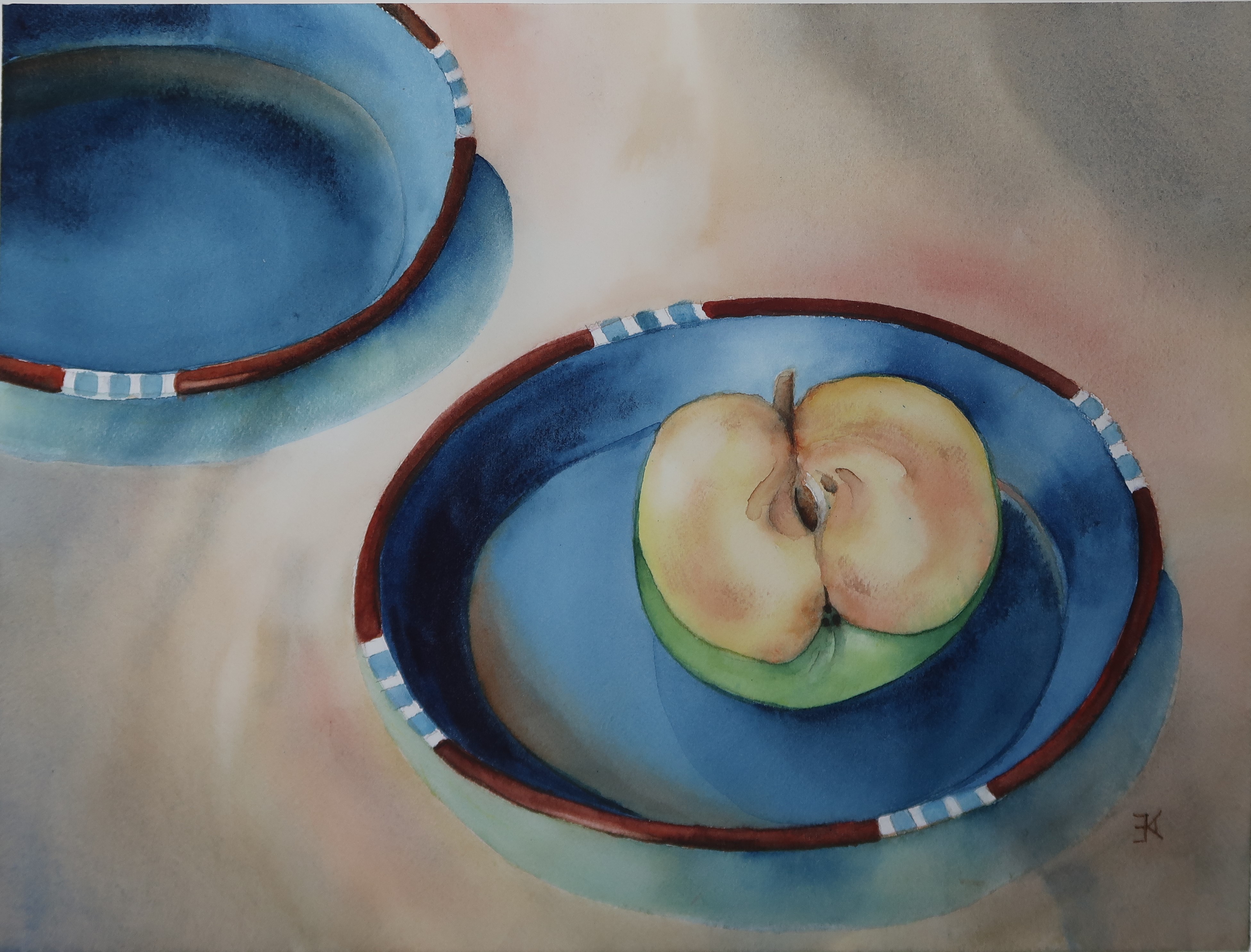 blue plates and apple