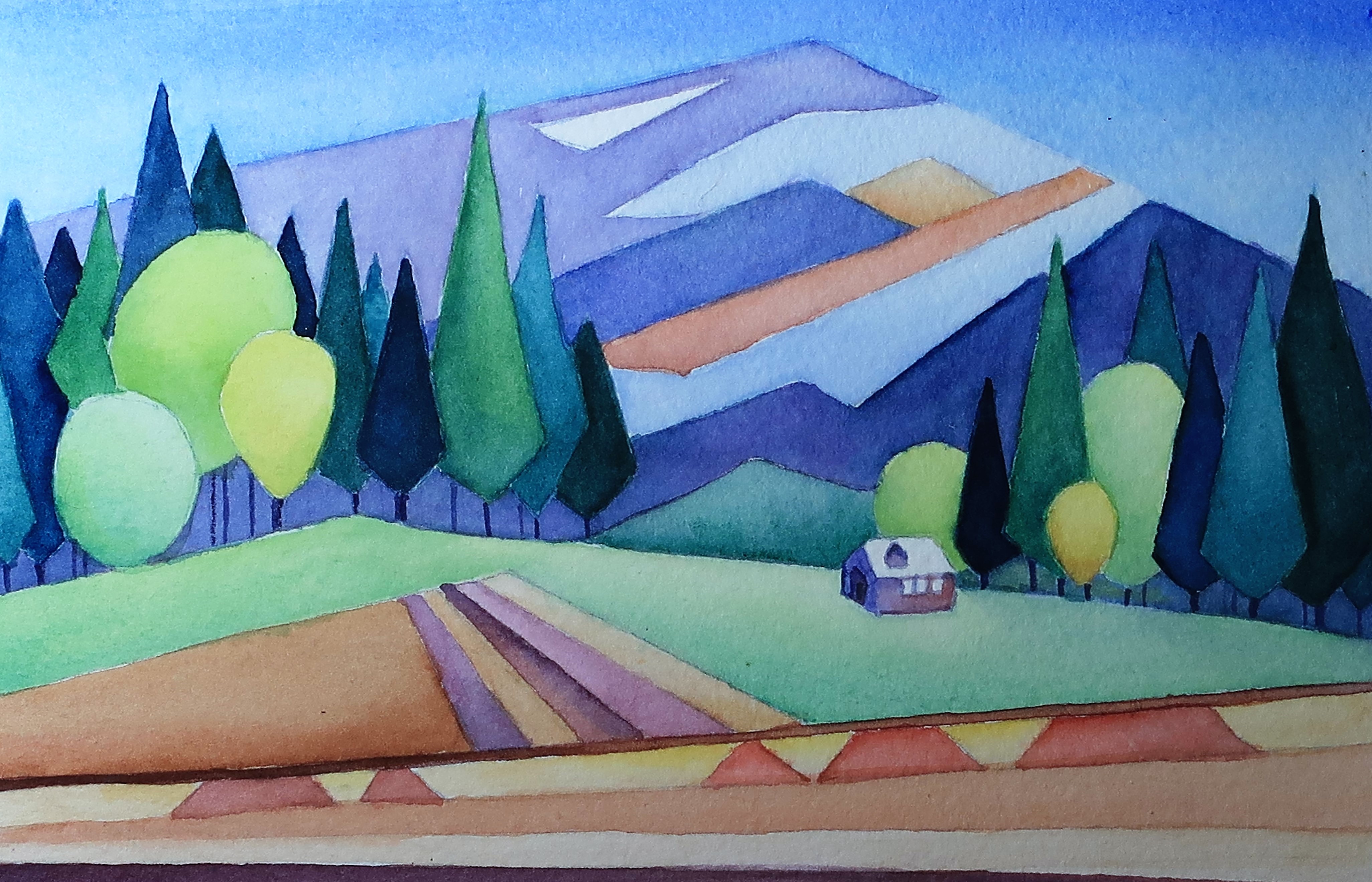 Farm fields and mountains